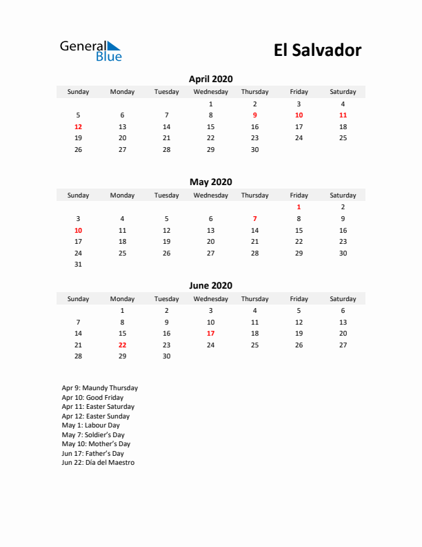 Printable Quarterly Calendar with Notes and El Salvador Holidays- Q2 of 2020