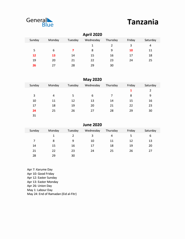 Printable Quarterly Calendar with Notes and Tanzania Holidays- Q2 of 2020