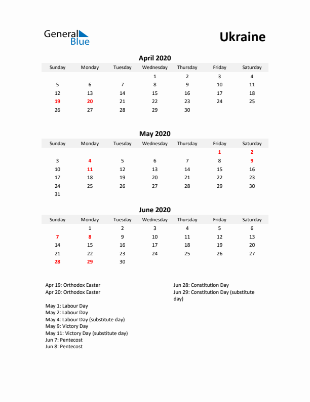 Printable Quarterly Calendar with Notes and Ukraine Holidays- Q2 of 2020