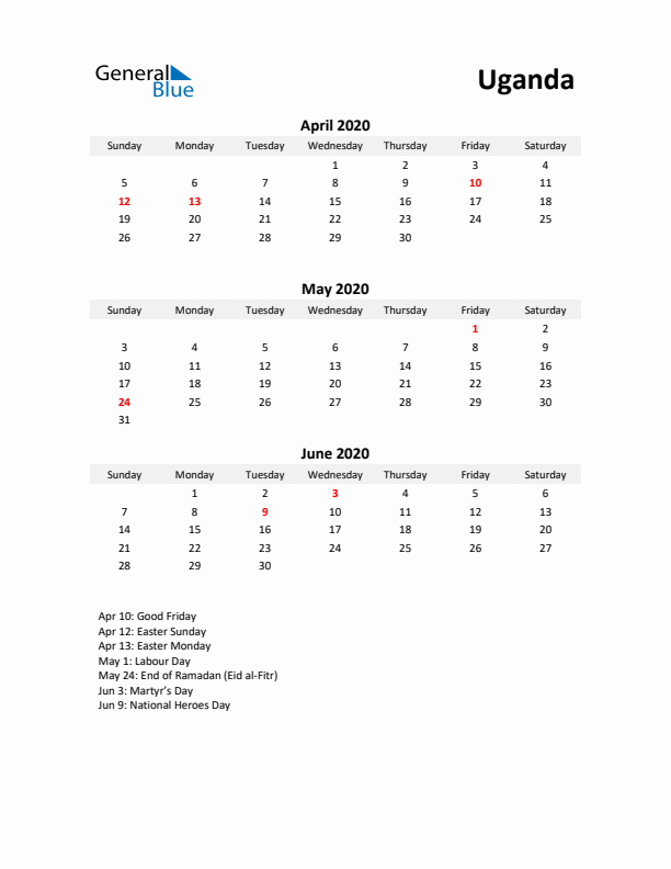 Printable Quarterly Calendar with Notes and Uganda Holidays- Q2 of 2020