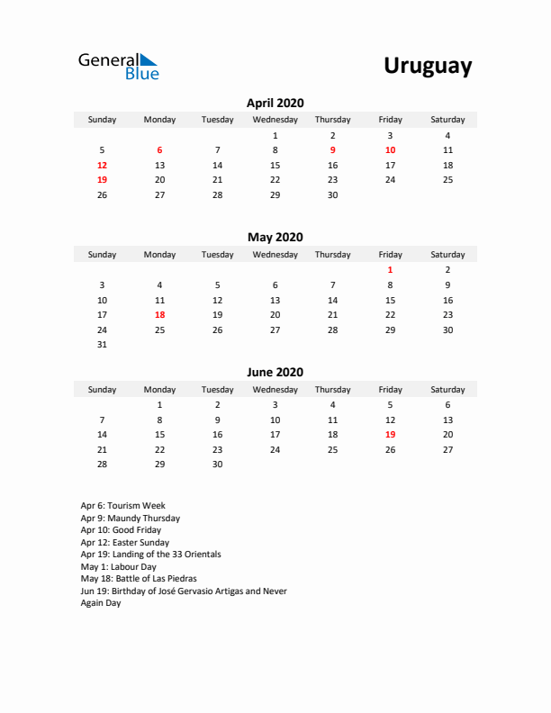 Printable Quarterly Calendar with Notes and Uruguay Holidays- Q2 of 2020