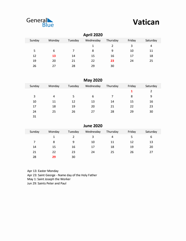 Printable Quarterly Calendar with Notes and Vatican Holidays- Q2 of 2020