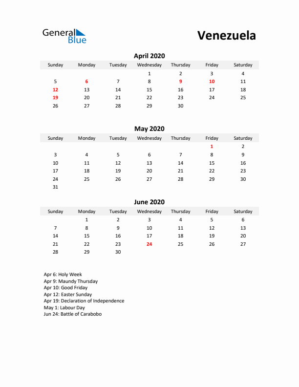 Printable Quarterly Calendar with Notes and Venezuela Holidays- Q2 of 2020