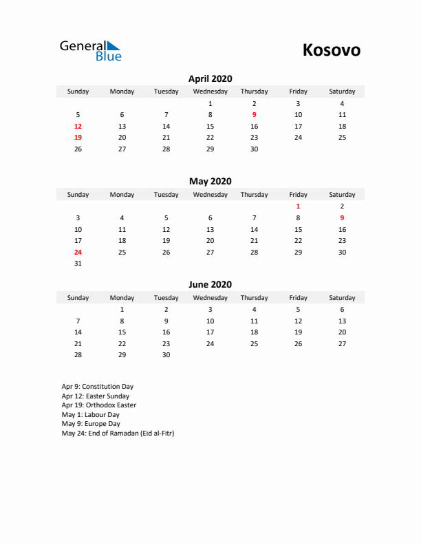 Printable Quarterly Calendar with Notes and Kosovo Holidays- Q2 of 2020