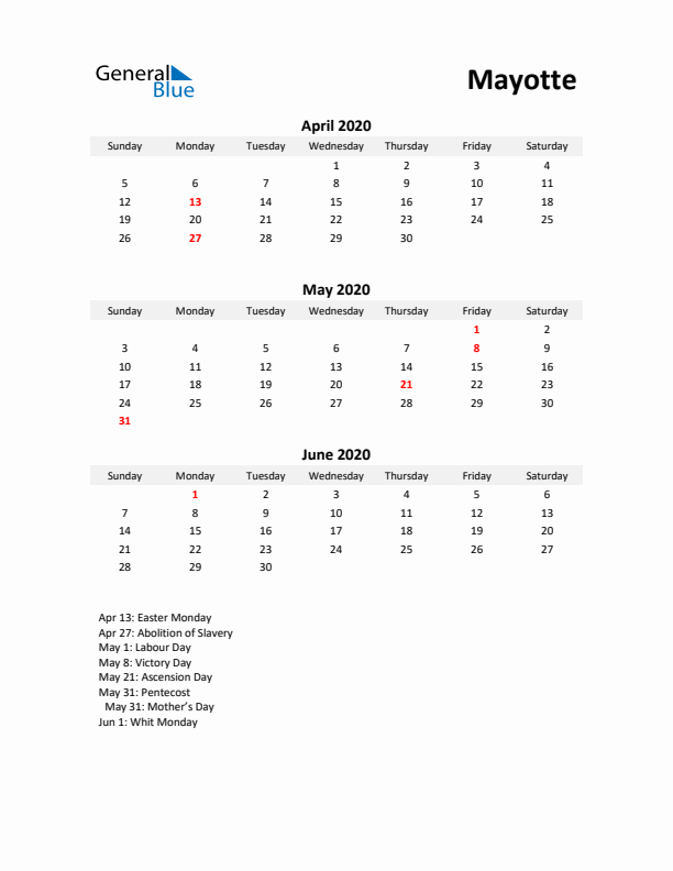 Printable Quarterly Calendar with Notes and Mayotte Holidays- Q2 of 2020