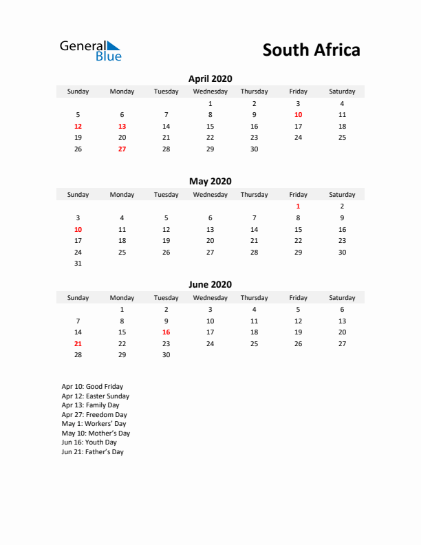 Printable Quarterly Calendar with Notes and South Africa Holidays- Q2 of 2020