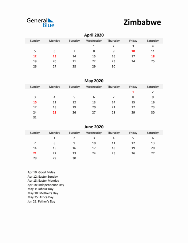 Printable Quarterly Calendar with Notes and Zimbabwe Holidays- Q2 of 2020