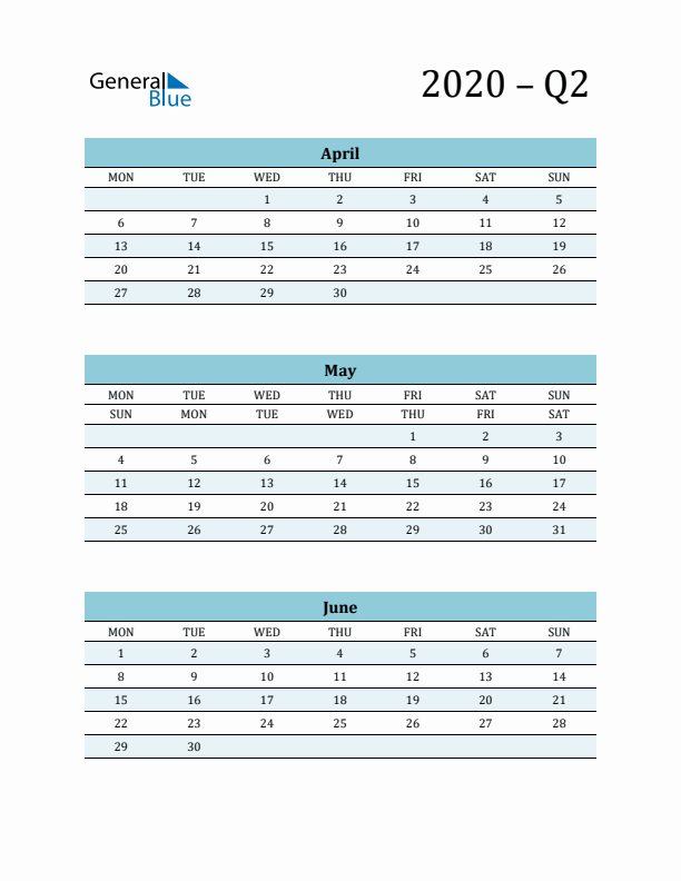 April, May, and June 2020 Calendar