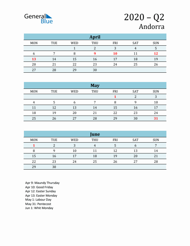 Three-Month Planner for Q2 2020 with Holidays - Andorra