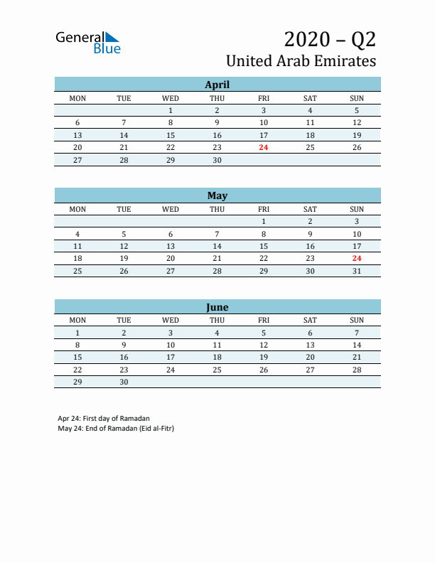 Three-Month Planner for Q2 2020 with Holidays - United Arab Emirates