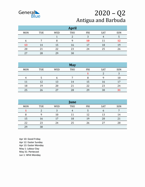 Three-Month Planner for Q2 2020 with Holidays - Antigua and Barbuda