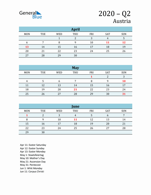 Three-Month Planner for Q2 2020 with Holidays - Austria