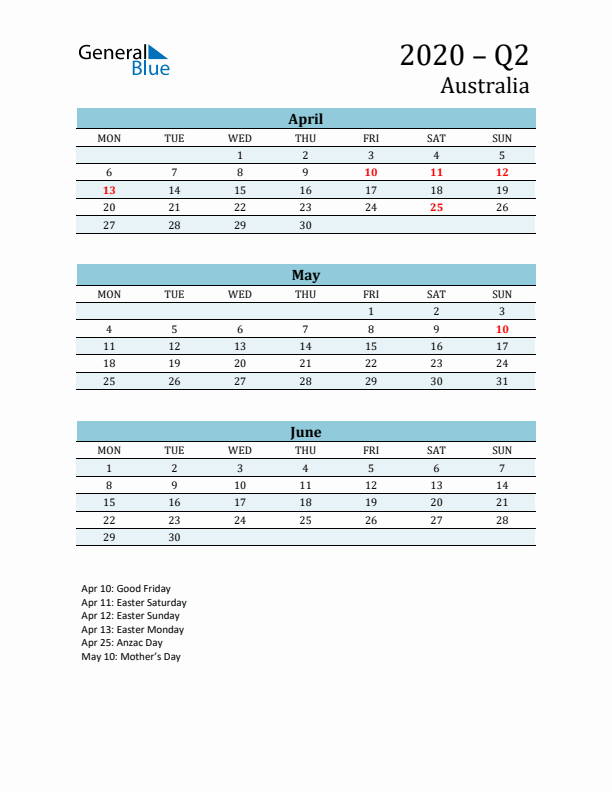 Three-Month Planner for Q2 2020 with Holidays - Australia