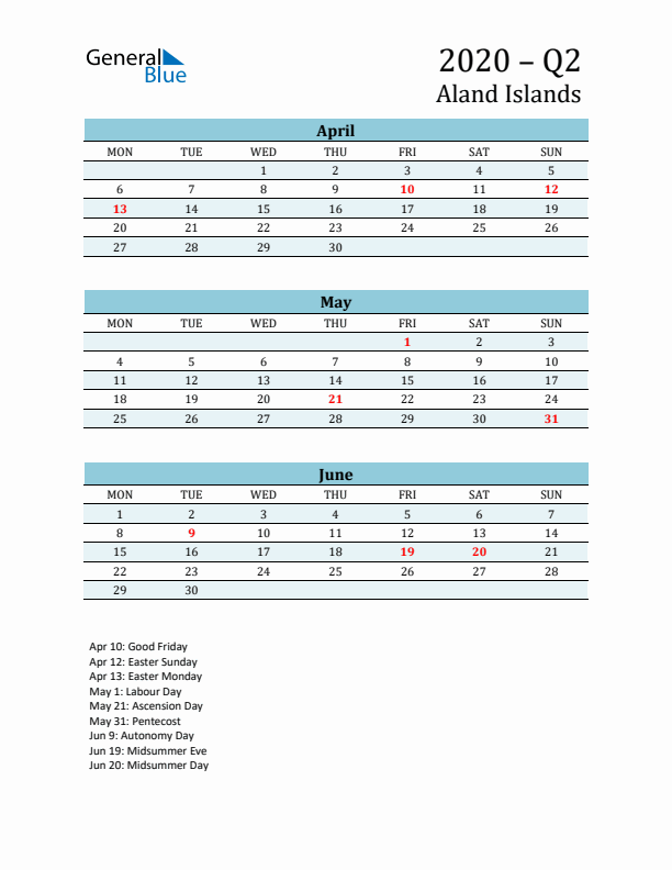 Three-Month Planner for Q2 2020 with Holidays - Aland Islands