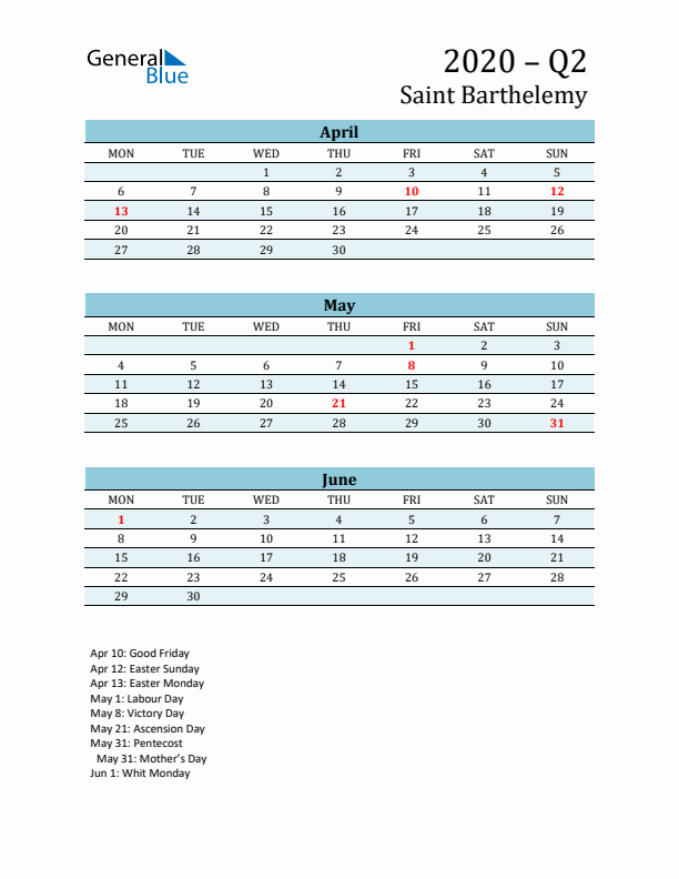 Three-Month Planner for Q2 2020 with Holidays - Saint Barthelemy