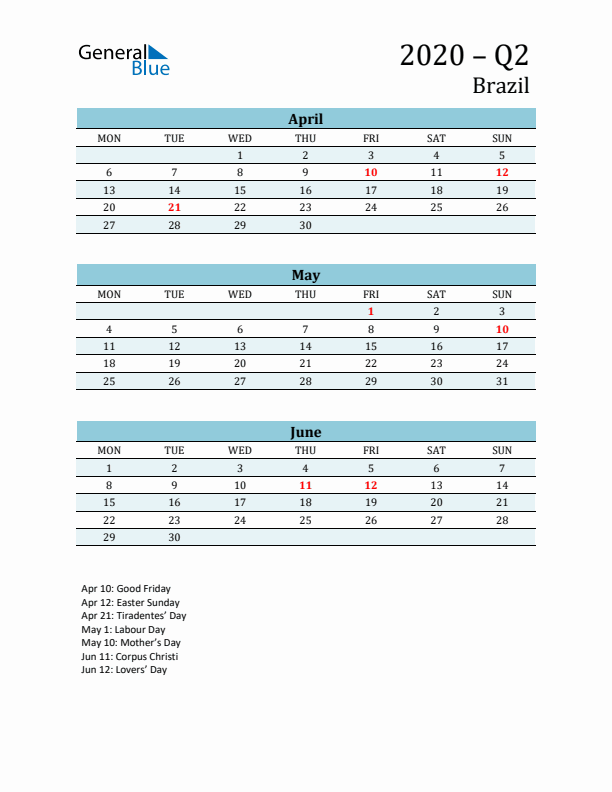 Three-Month Planner for Q2 2020 with Holidays - Brazil