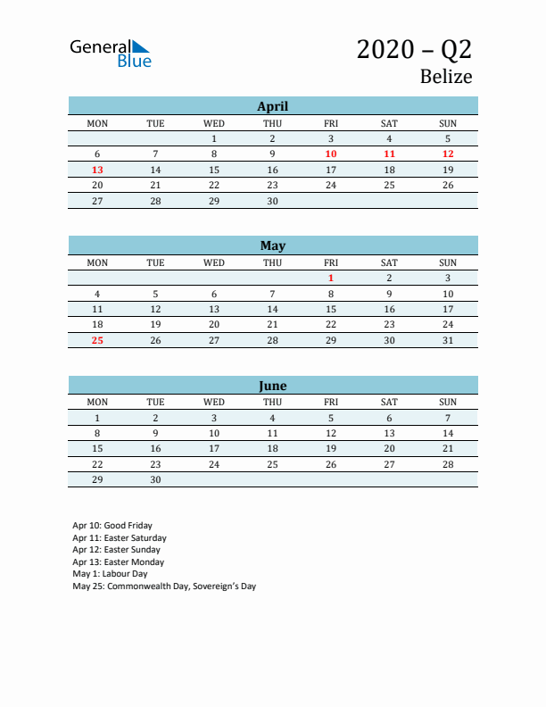 Three-Month Planner for Q2 2020 with Holidays - Belize