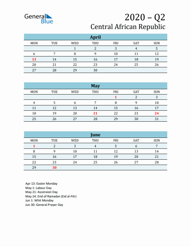 Three-Month Planner for Q2 2020 with Holidays - Central African Republic