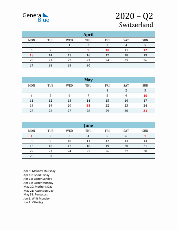 Three-Month Planner for Q2 2020 with Holidays - Switzerland