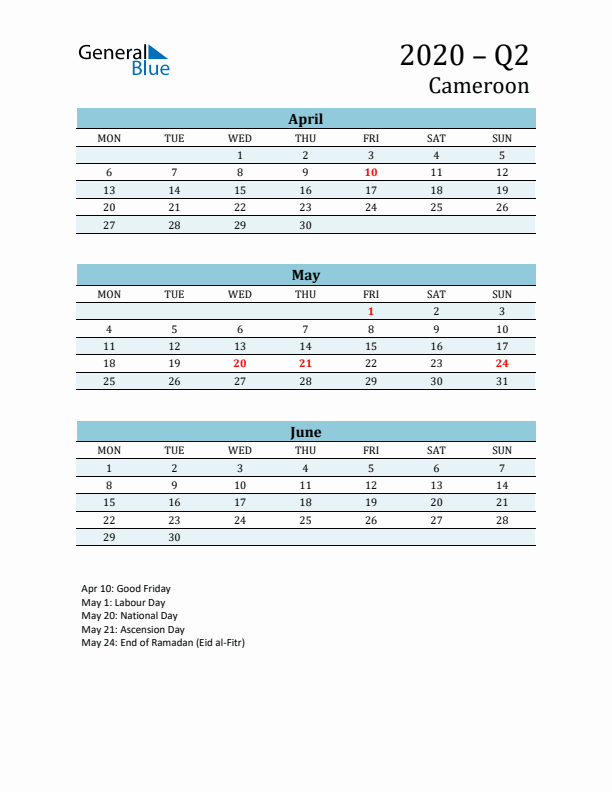 Three-Month Planner for Q2 2020 with Holidays - Cameroon