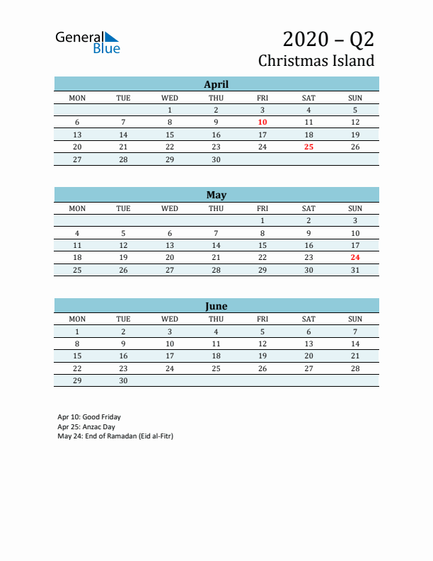 Three-Month Planner for Q2 2020 with Holidays - Christmas Island