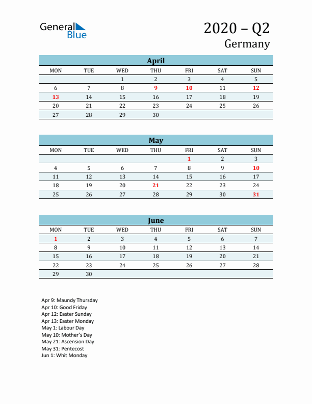 Three-Month Planner for Q2 2020 with Holidays - Germany