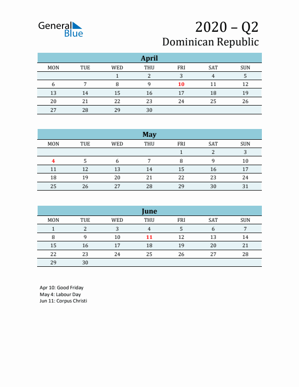 Three-Month Planner for Q2 2020 with Holidays - Dominican Republic