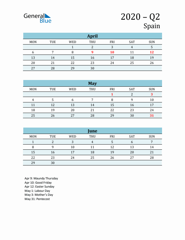 Three-Month Planner for Q2 2020 with Holidays - Spain