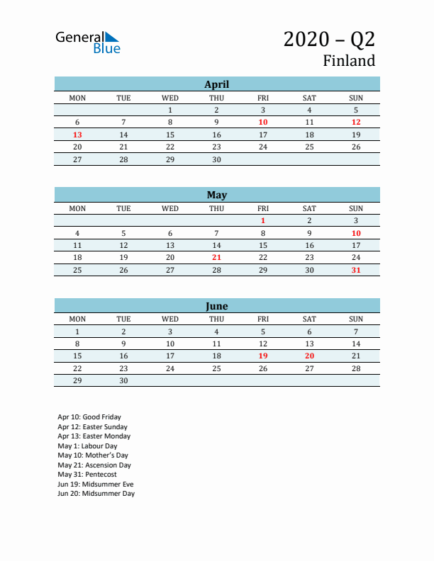 Three-Month Planner for Q2 2020 with Holidays - Finland