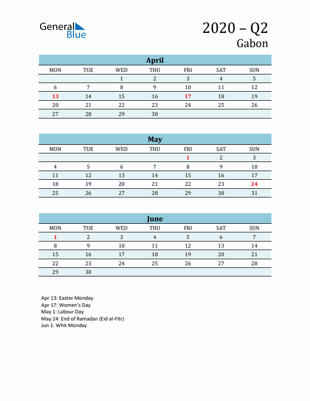 Three-Month Planner for Q2 2020 with Holidays - Gabon