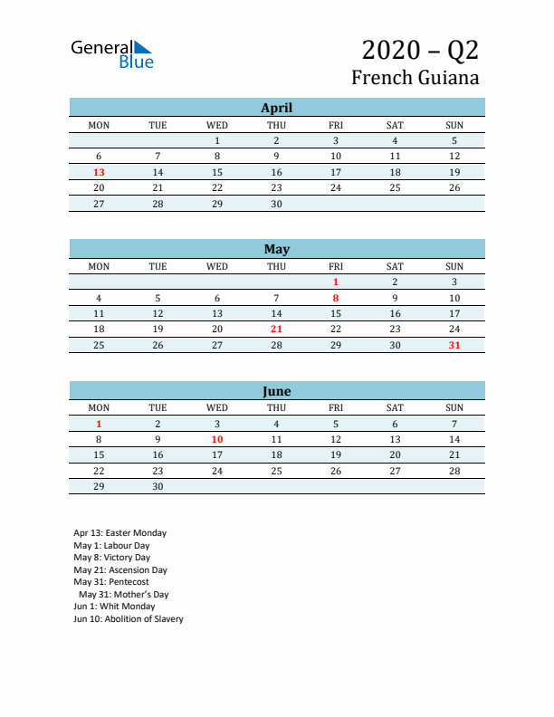 Three-Month Planner for Q2 2020 with Holidays - French Guiana