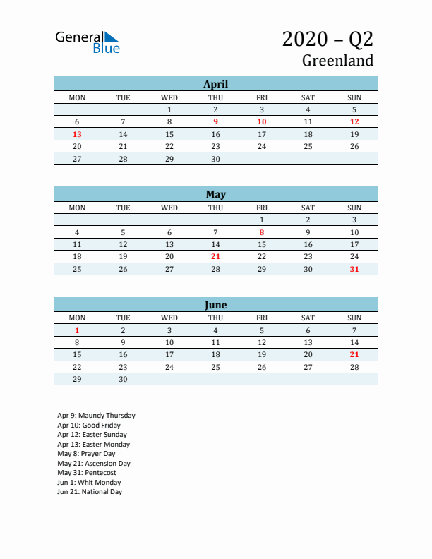 Three-Month Planner for Q2 2020 with Holidays - Greenland