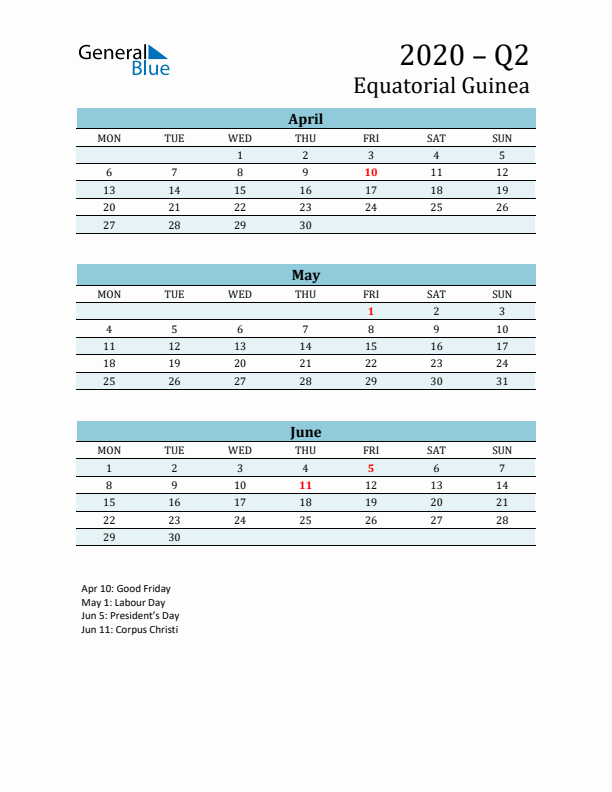 Three-Month Planner for Q2 2020 with Holidays - Equatorial Guinea