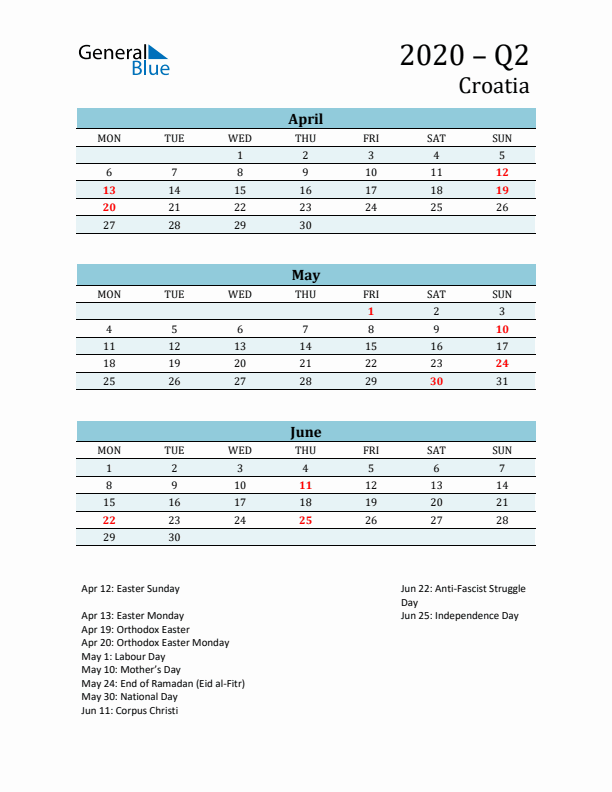 Three-Month Planner for Q2 2020 with Holidays - Croatia