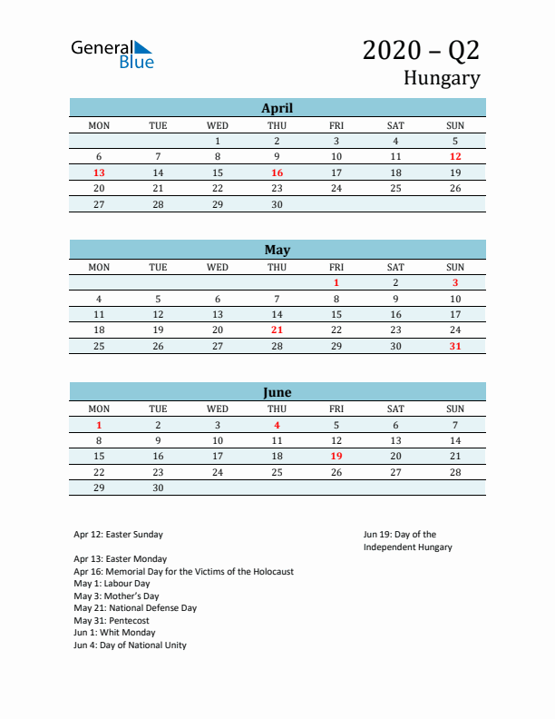 Three-Month Planner for Q2 2020 with Holidays - Hungary