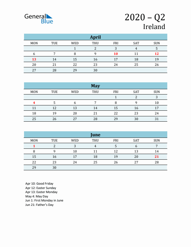 Three-Month Planner for Q2 2020 with Holidays - Ireland