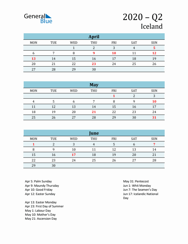 Three-Month Planner for Q2 2020 with Holidays - Iceland