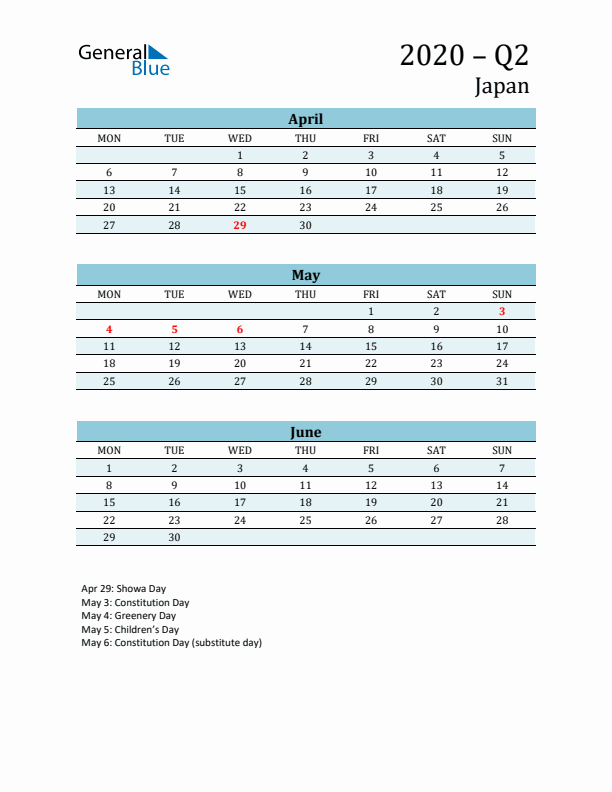 Three-Month Planner for Q2 2020 with Holidays - Japan