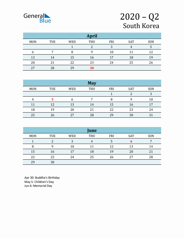 Three-Month Planner for Q2 2020 with Holidays - South Korea