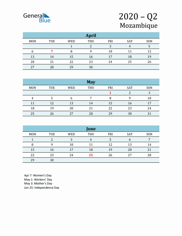 Three-Month Planner for Q2 2020 with Holidays - Mozambique