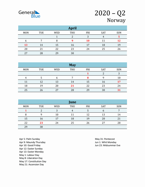 Three-Month Planner for Q2 2020 with Holidays - Norway