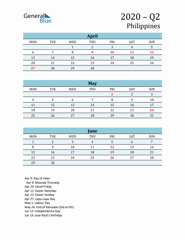 Three-Month Planner for Q2 2020 with Holidays - Philippines