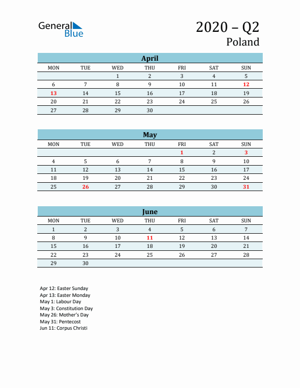 Three-Month Planner for Q2 2020 with Holidays - Poland