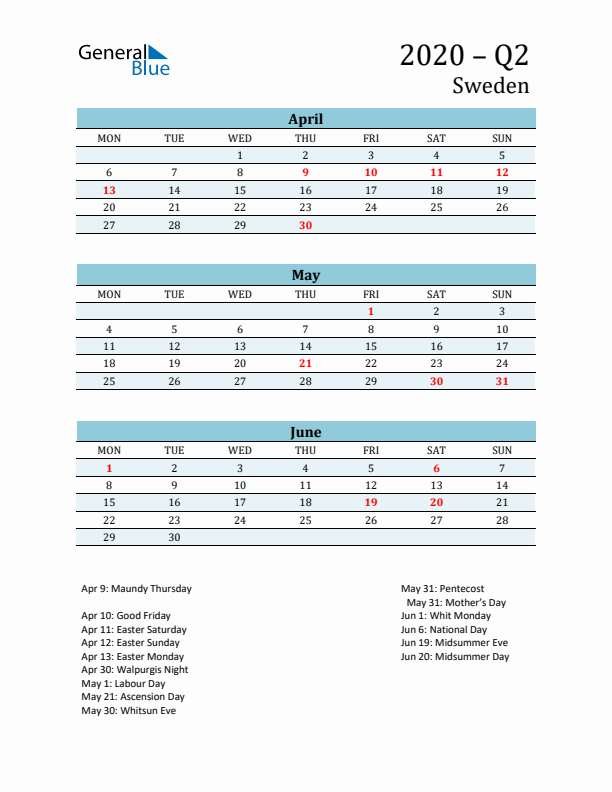 Three-Month Planner for Q2 2020 with Holidays - Sweden