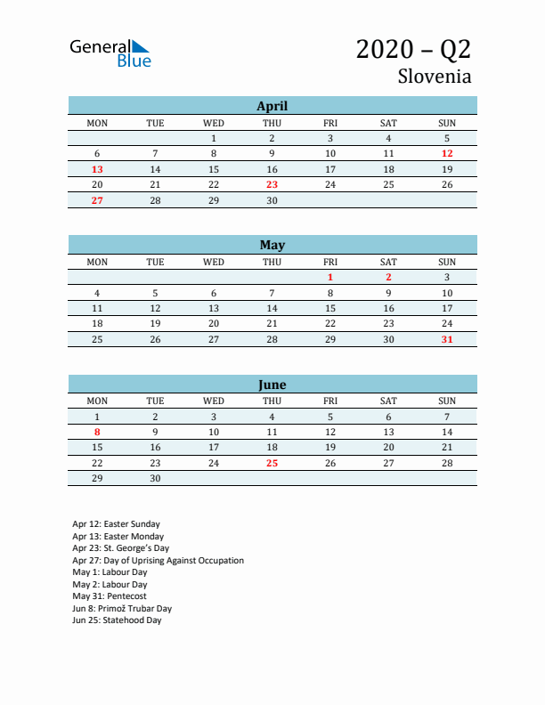 Three-Month Planner for Q2 2020 with Holidays - Slovenia