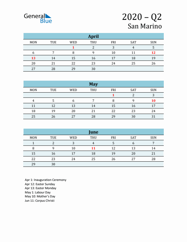 Three-Month Planner for Q2 2020 with Holidays - San Marino