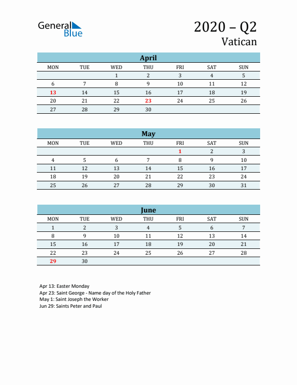 Three-Month Planner for Q2 2020 with Holidays - Vatican