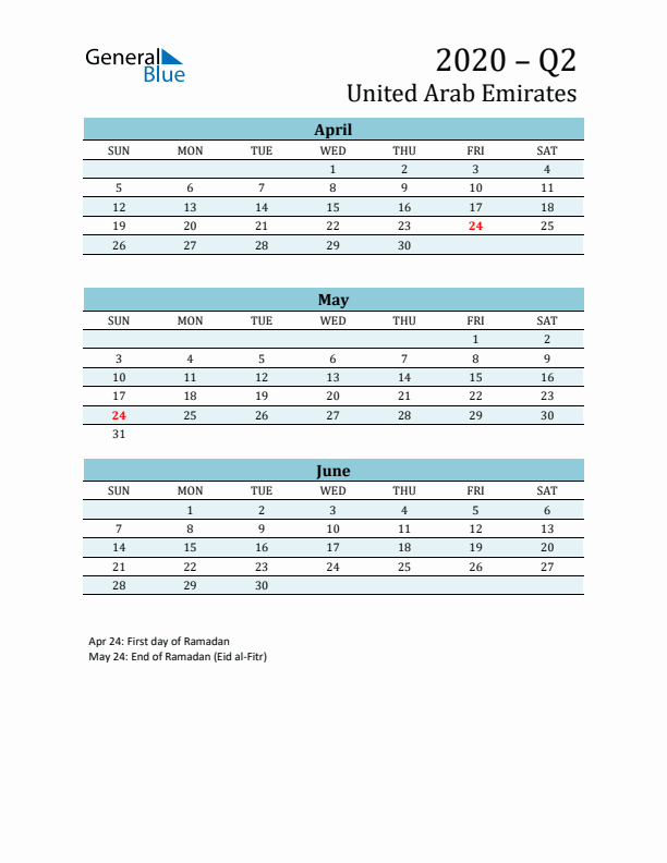 Three-Month Planner for Q2 2020 with Holidays - United Arab Emirates