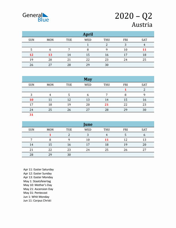 Three-Month Planner for Q2 2020 with Holidays - Austria