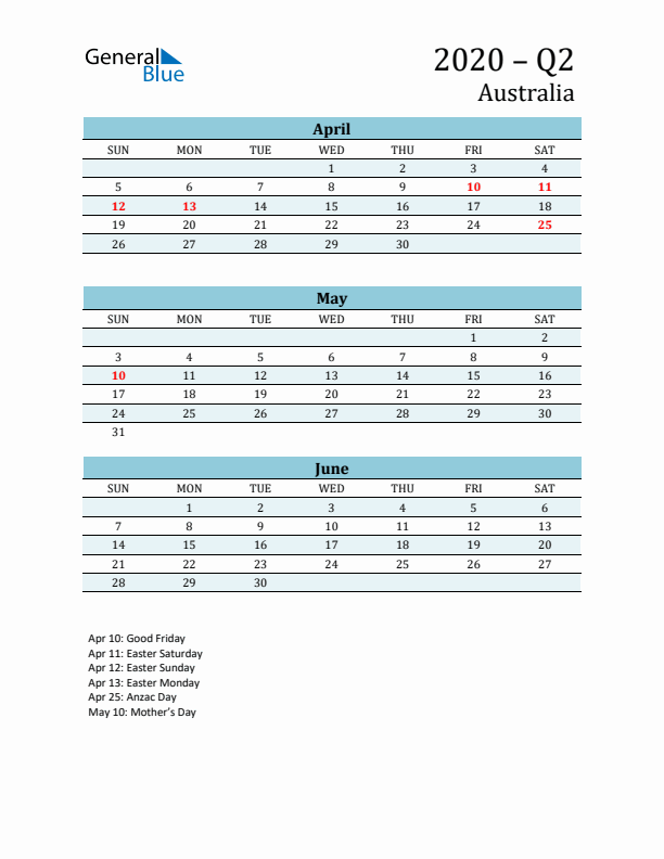 Three-Month Planner for Q2 2020 with Holidays - Australia